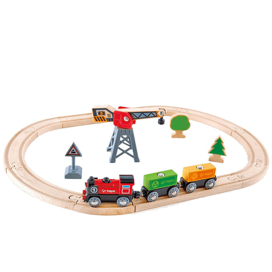 Ξύλινο Παιχνίδι με Τρένα, Σιδηρόδρομο και Γερανό Σετ 19 τμχ - Hape